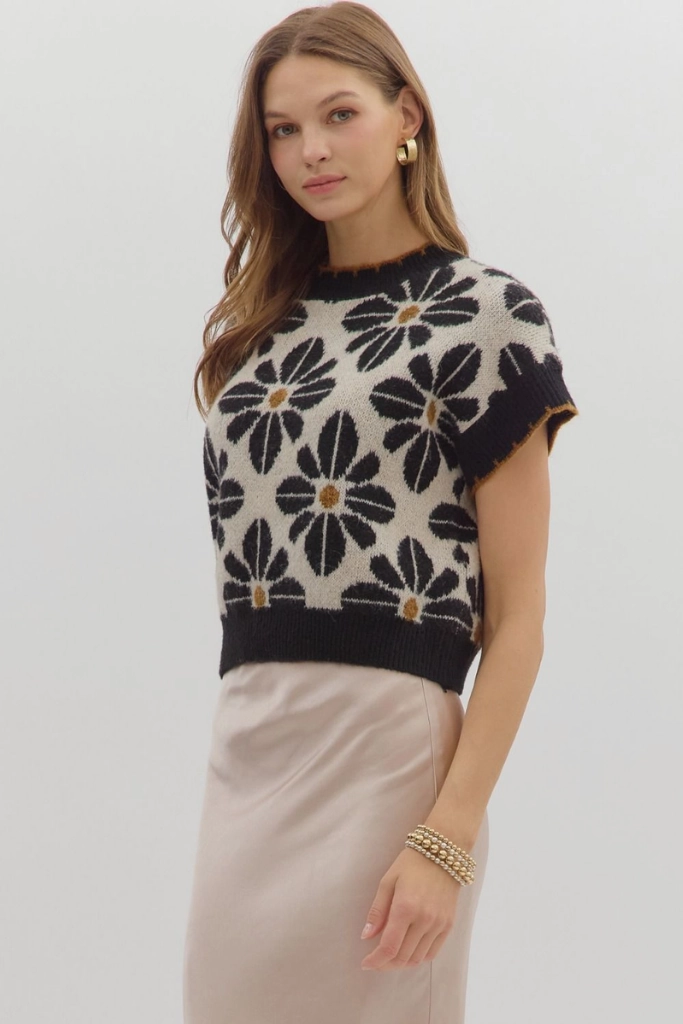 Celeste Floral Short Sleeve Sweater in Black Recycled Polyester Fabric