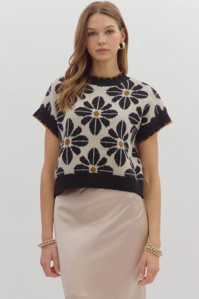 Celeste Floral Short Sleeve Sweater in Black DurableReinforcement