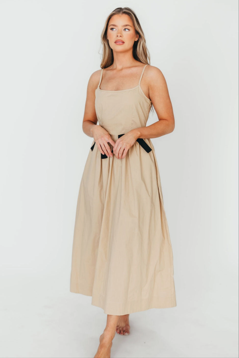 Celeste Square Neck Midi Dress with Bow Detail in Khaki *Final-Sale* Work Fitwear