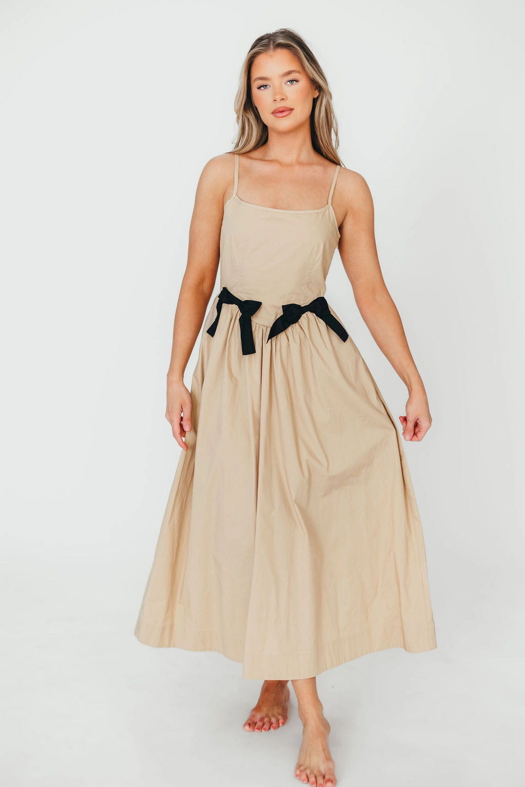 Celeste Square Neck Midi Dress with Bow Detail in Khaki *Final-Sale* Layered Form