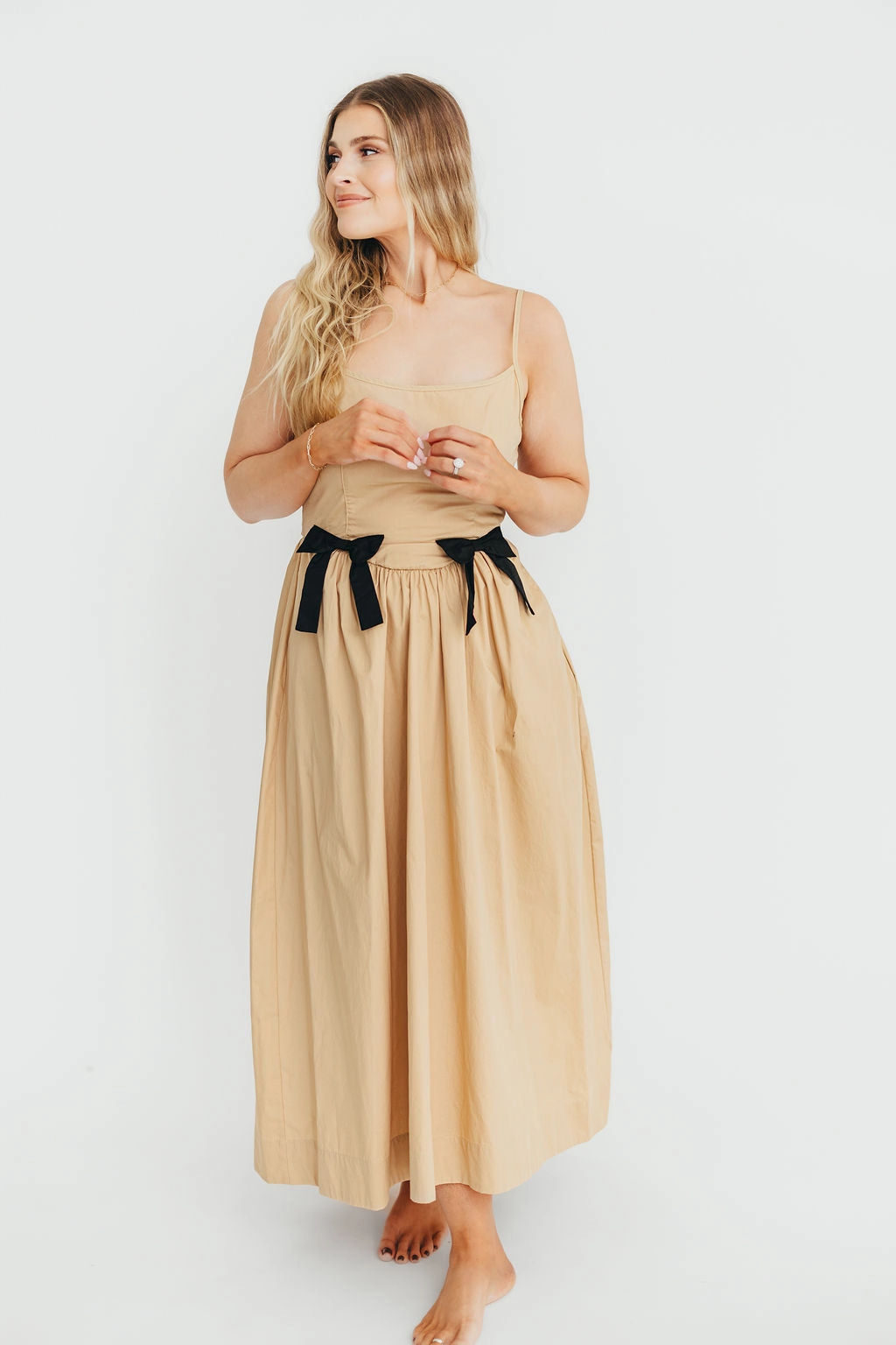 Celeste Square Neck Midi Dress with Bow Detail in Khaki *Final-Sale* Autumn-Season Minimal Fit