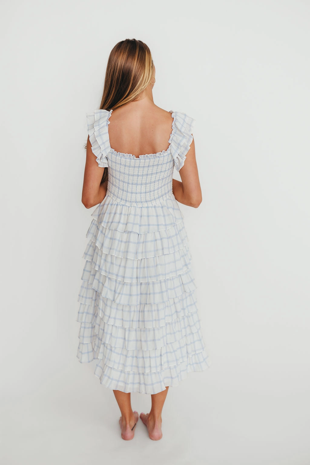 Adelynn Ruffle Midi Dress in White/Blue HypoallergenicFiber