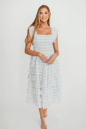 Shine Soft Adelynn Ruffle Midi Dress in White/Blue