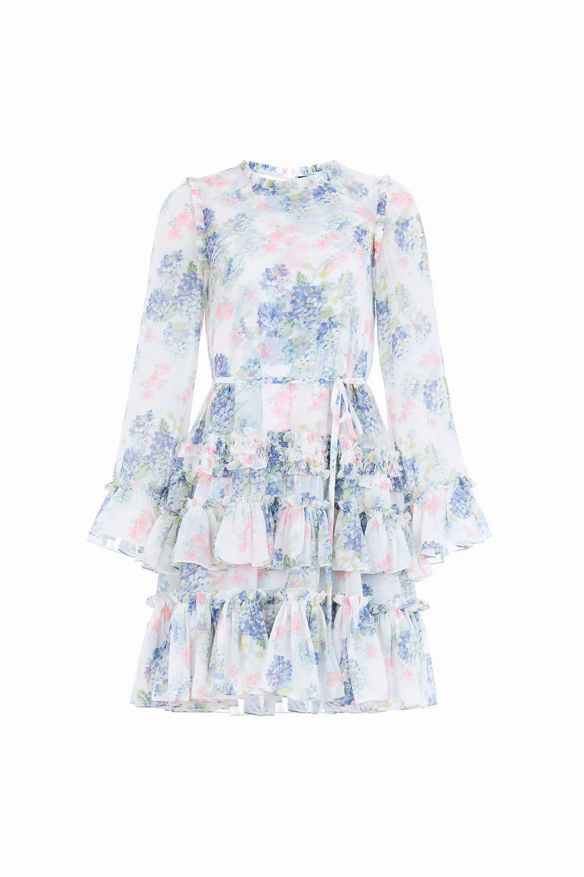 Hydrangea Chiffon Round Neck Mini Dress Layered Fabric Mixed Fabric