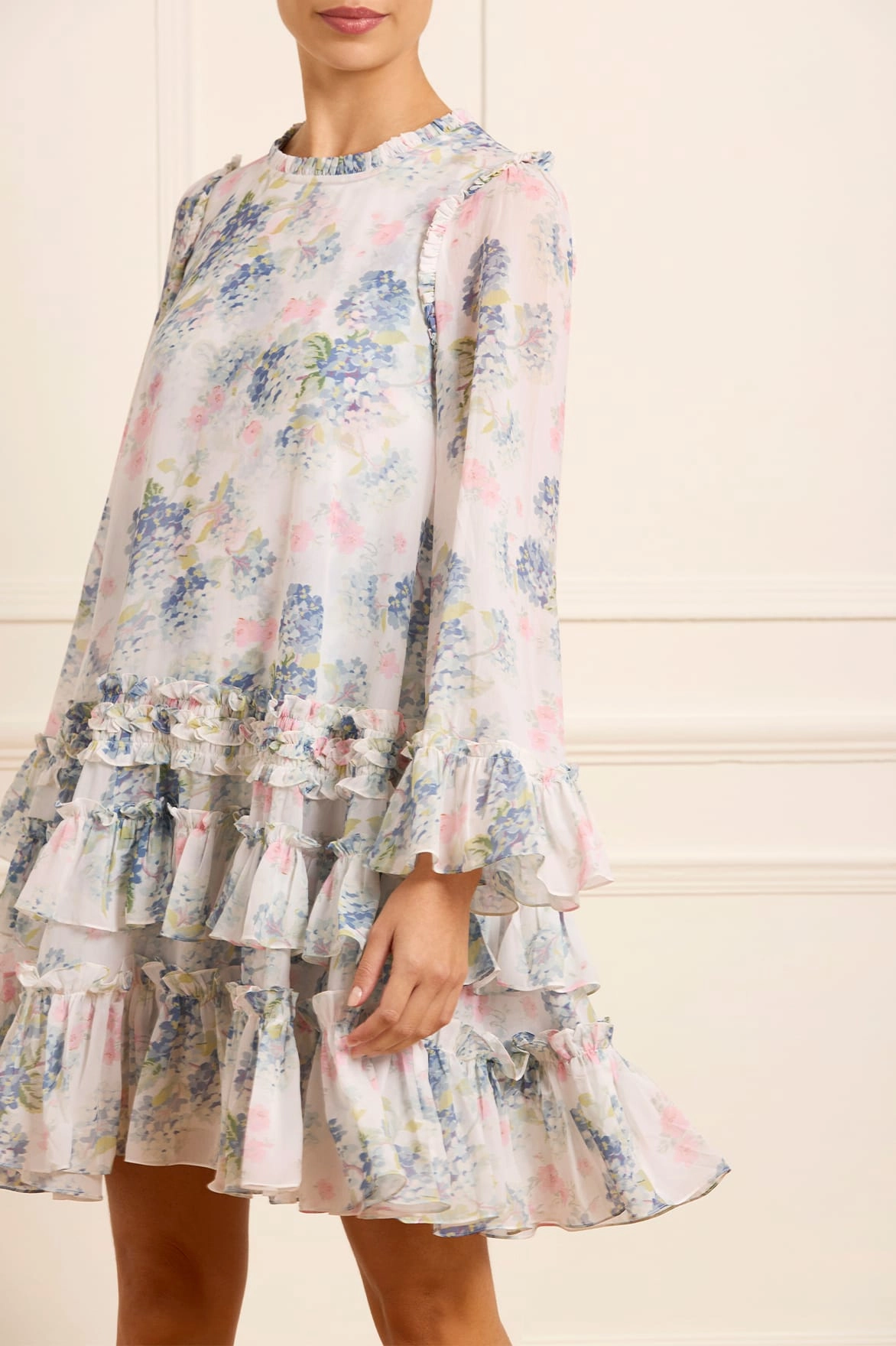 Hydrangea Chiffon Round Neck Mini Dress Mom Chic Fashionable outfit for outings