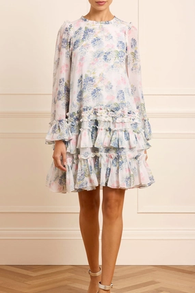 Hydrangea Chiffon Round Neck Mini Dress Lace-Sleeve Trendy floral dress