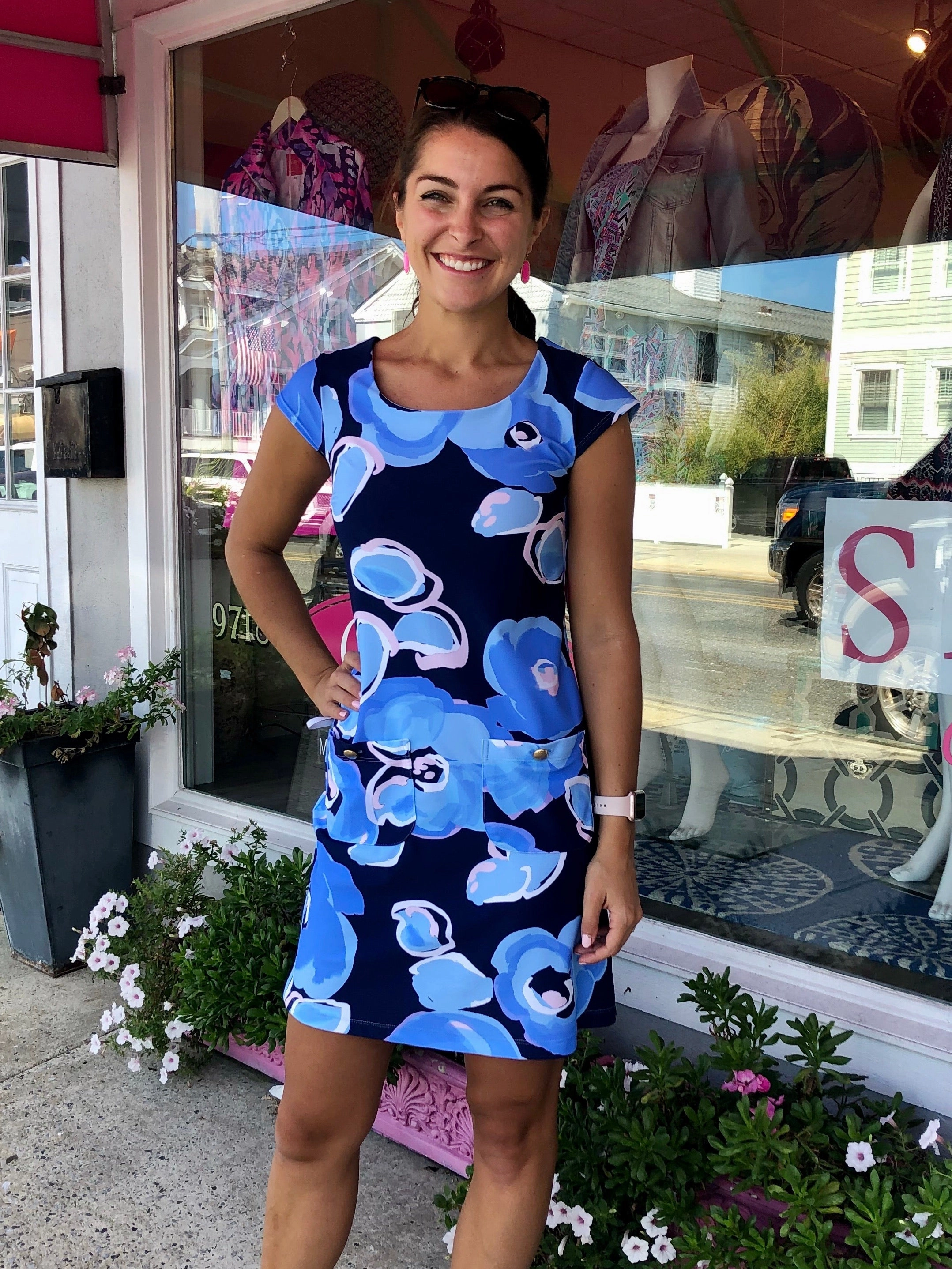 Charleston Cap Sleeve Dress Peonies Navy soft look