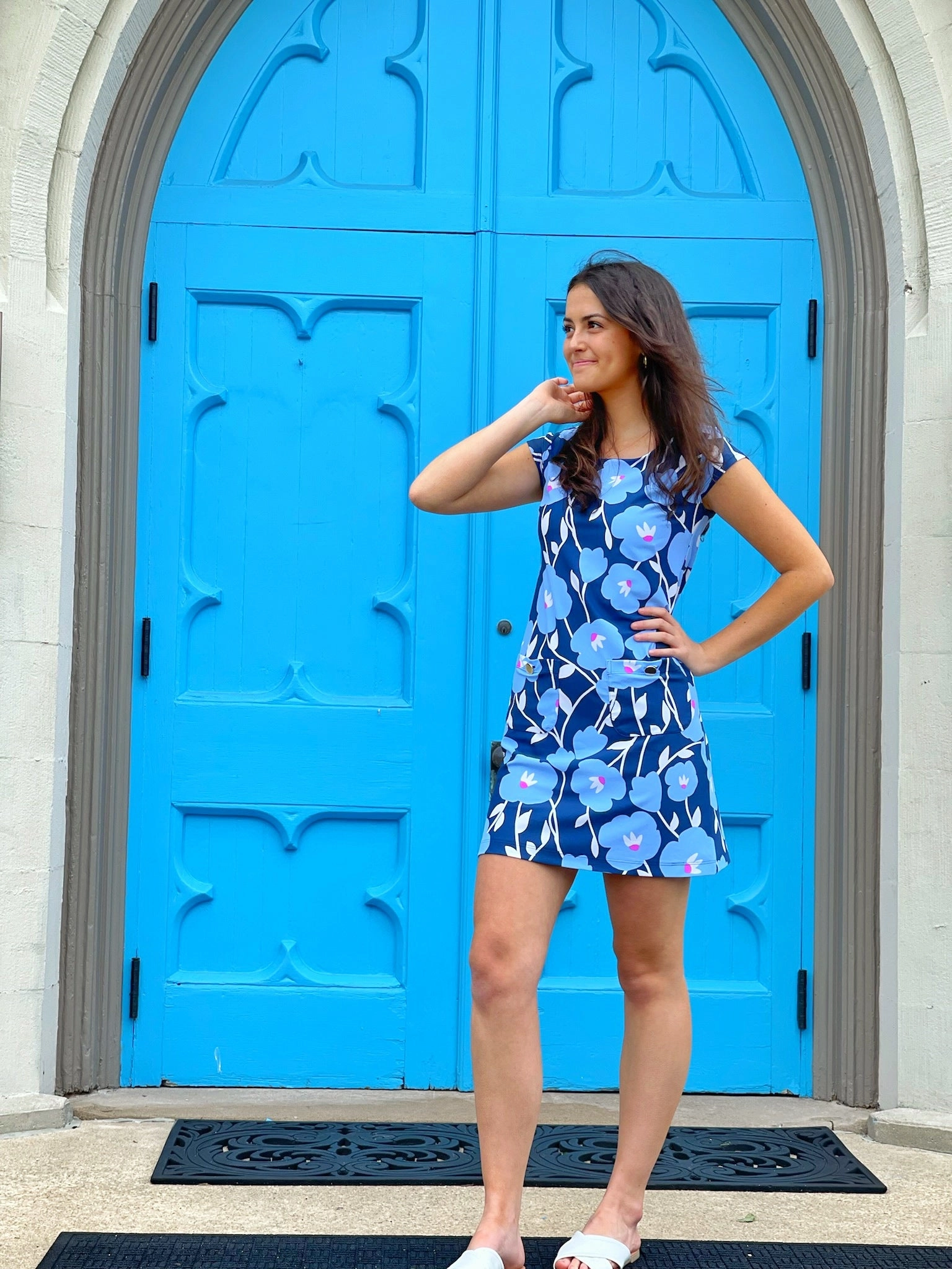Charleston Dress Pop Art Flower Navy Charming Comfort Sophisticated Design