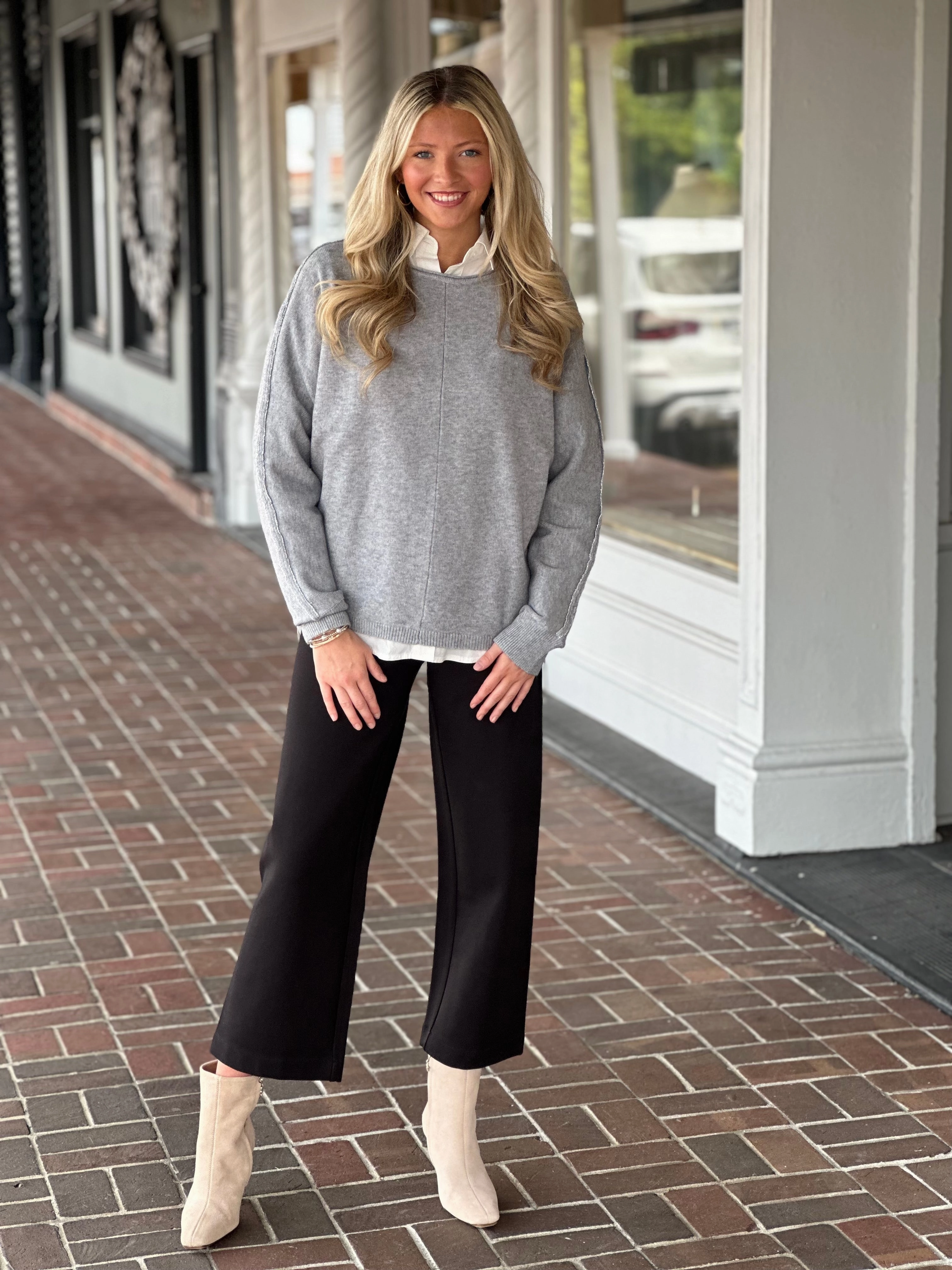 Charlie B Dolman Sleeve Sweater in Grey Airflow Mesh Panel DoubleLayeredFabric