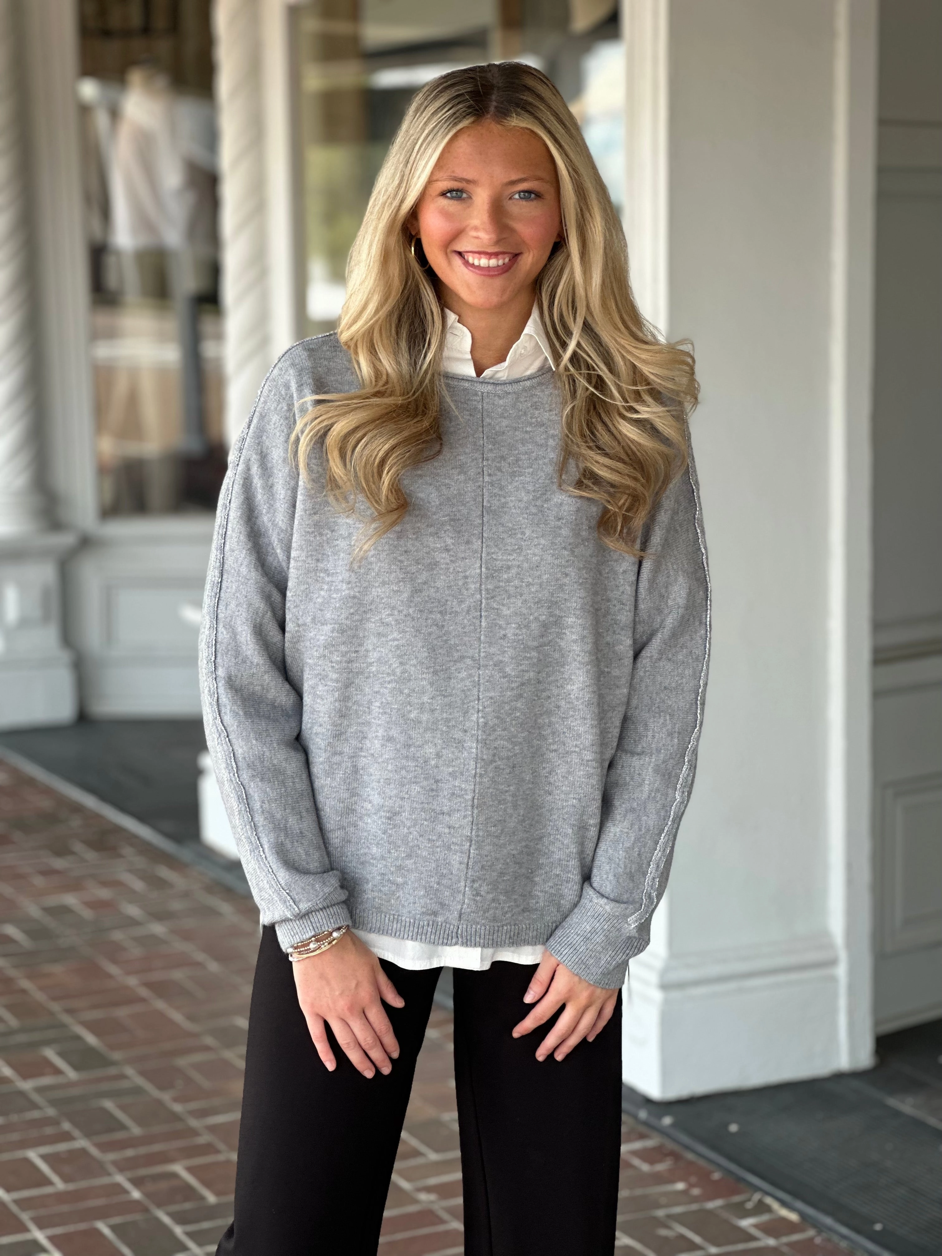 Charlie B Dolman Sleeve Sweater in Grey BondedShoulderTaping WrinkleResistantWeave