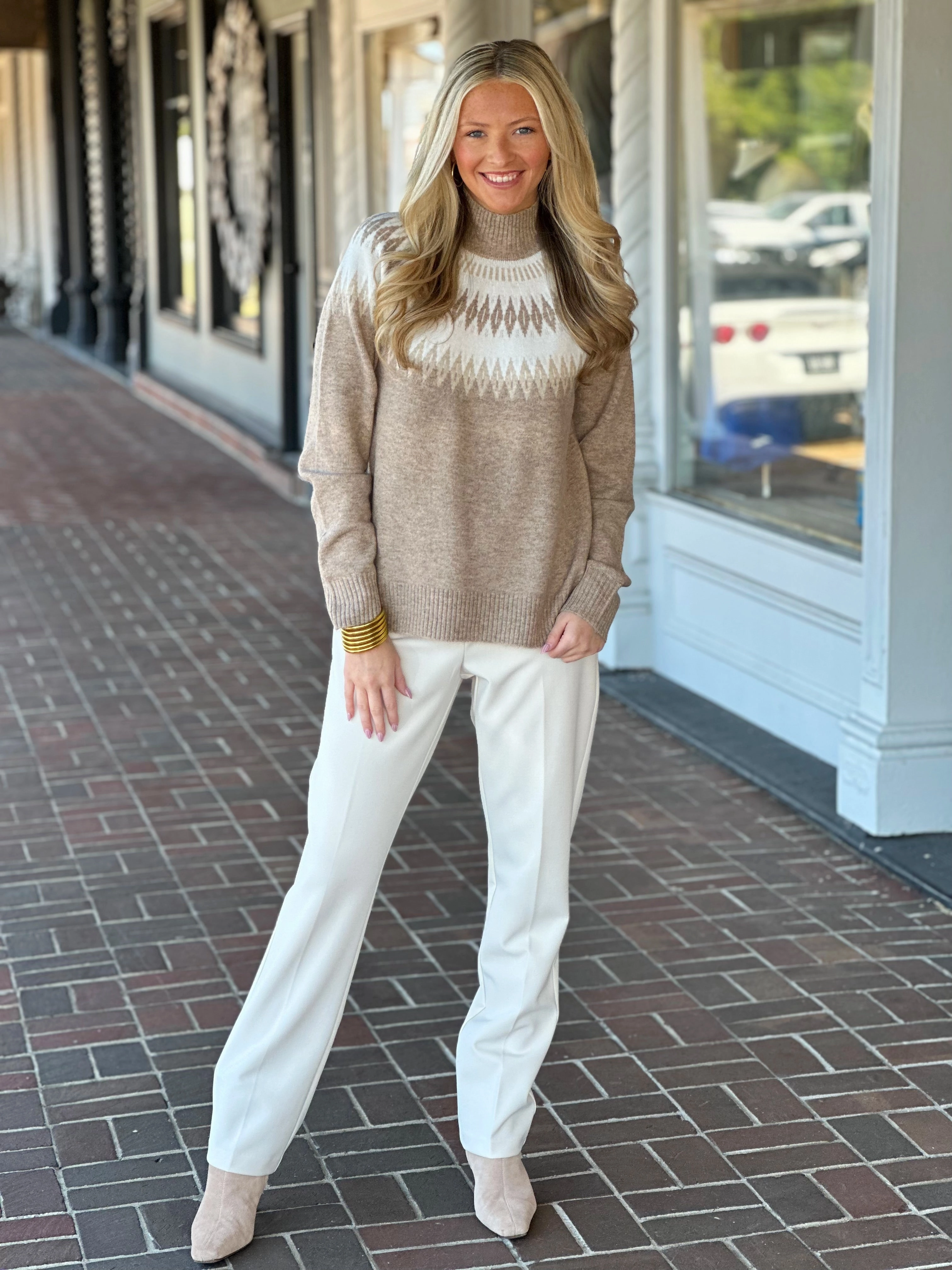 PolishedFinish LightweightLayeredFabric Charlie B Jacquard Mock Neck Beige Sweater