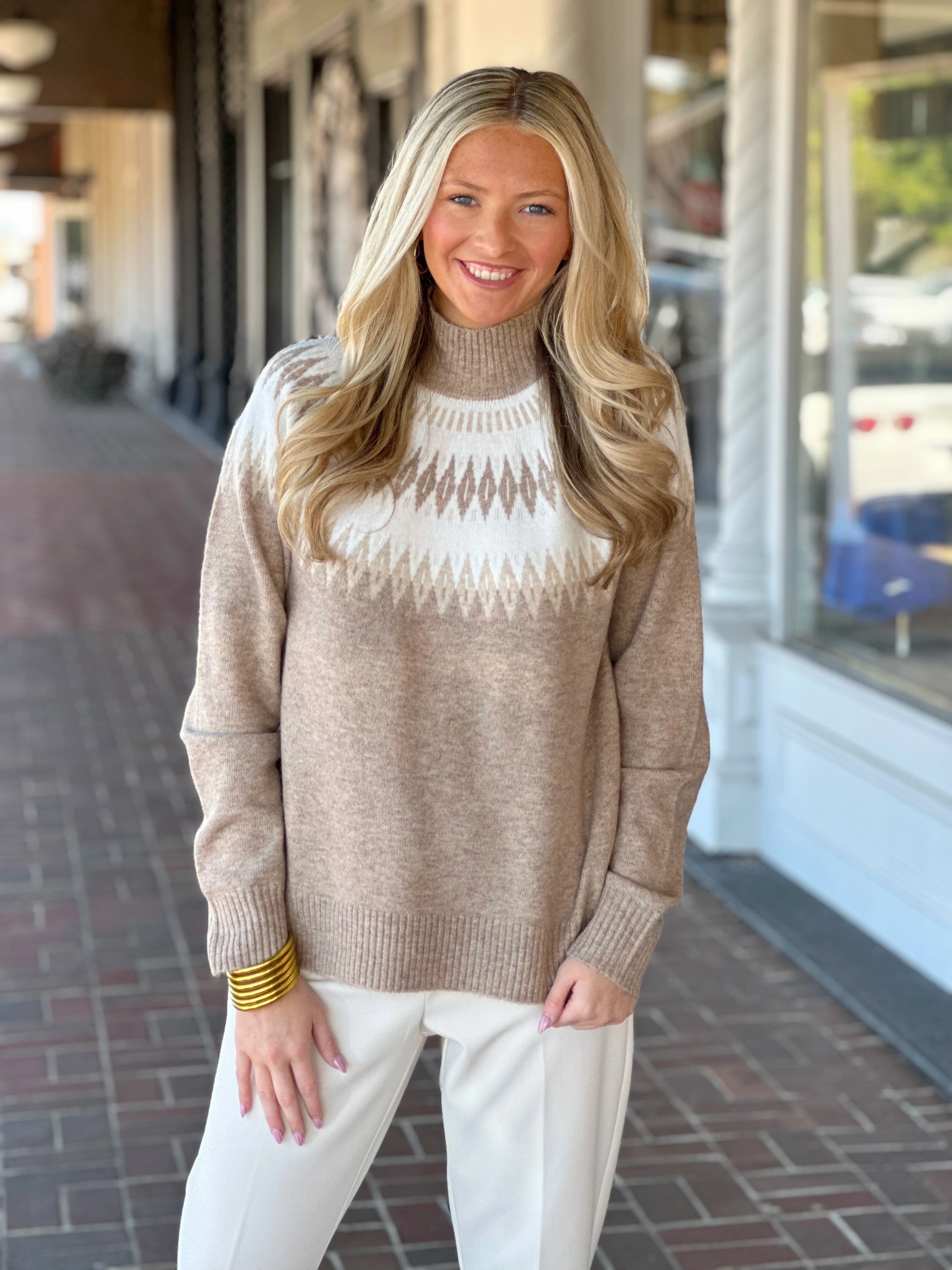 Charlie B Jacquard Mock Neck Beige Sweater SublimatedPrint