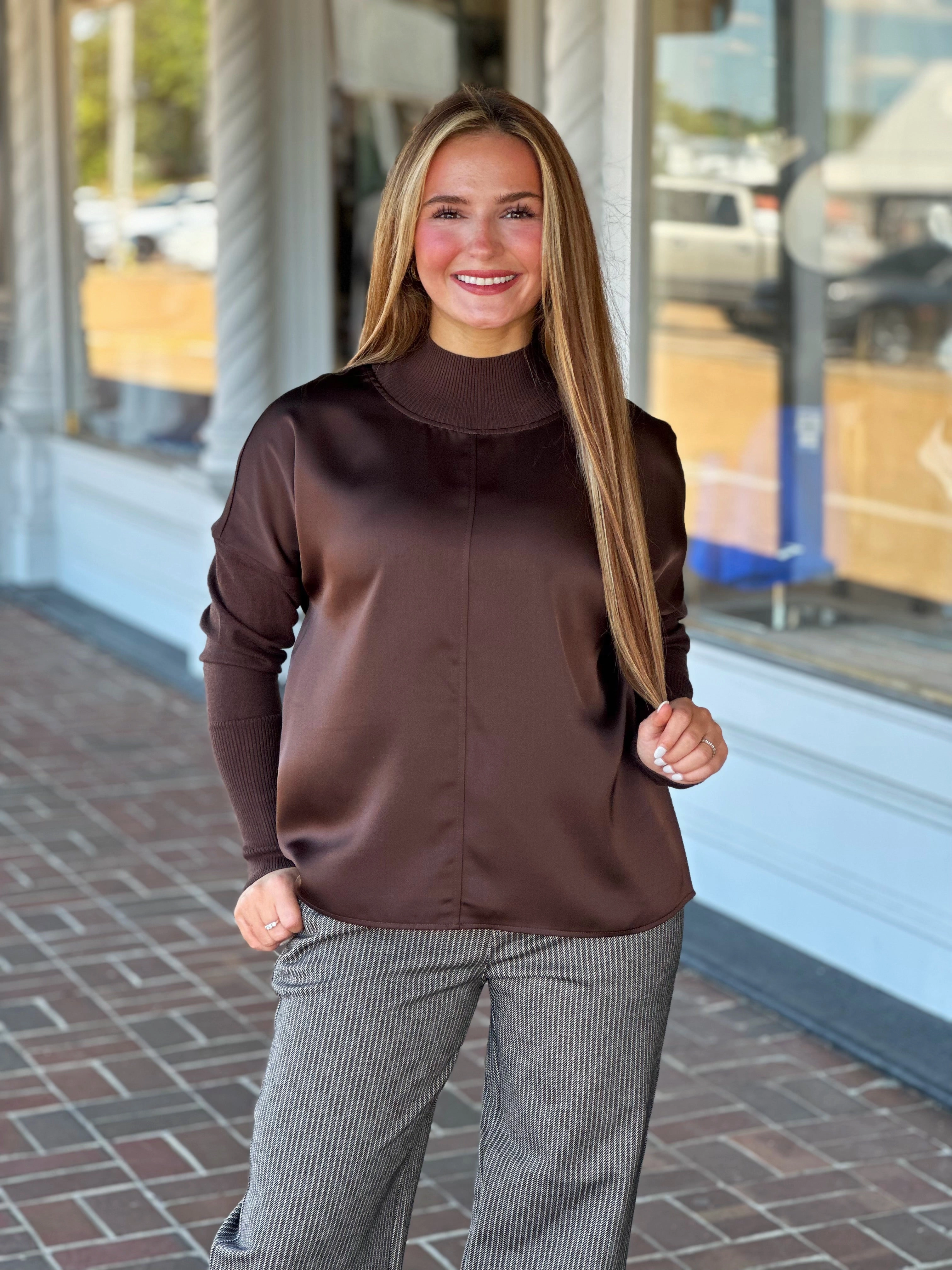 Charlie B Mock-Neck Satin Knit Sweater in Mocha Tagless Design Adjustable Hem Cuff