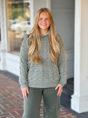 Charlie B Pointelle Crew Neck Sweater in Spruce GarmentDyed