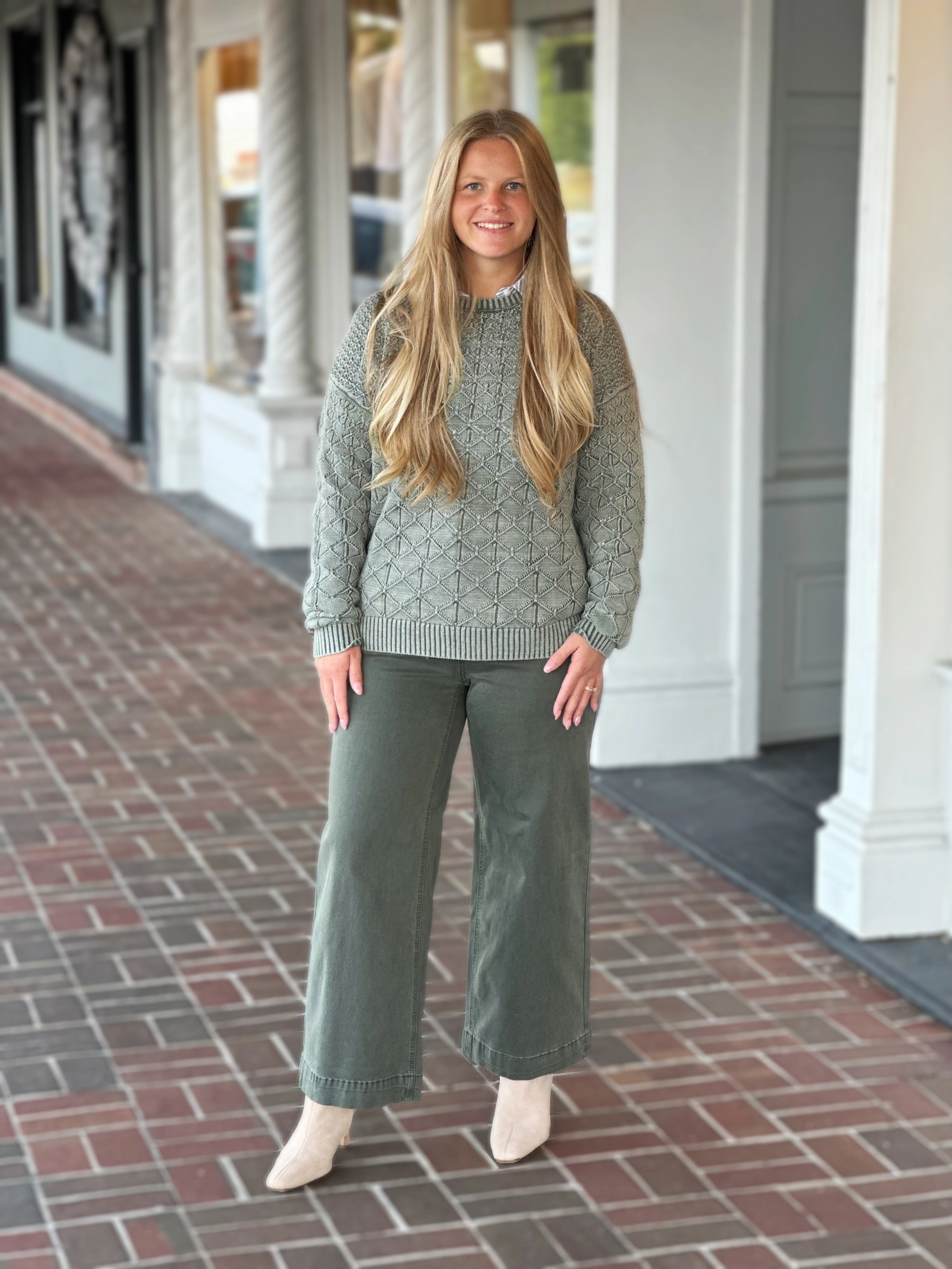 Charlie B Pointelle Crew Neck Sweater in Spruce Cozy Sweatshirt