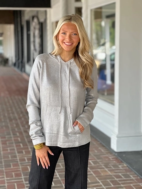 Charlie B Raglan Sleeve Hooded Sweater in Sliver Multi Directional Mobility
