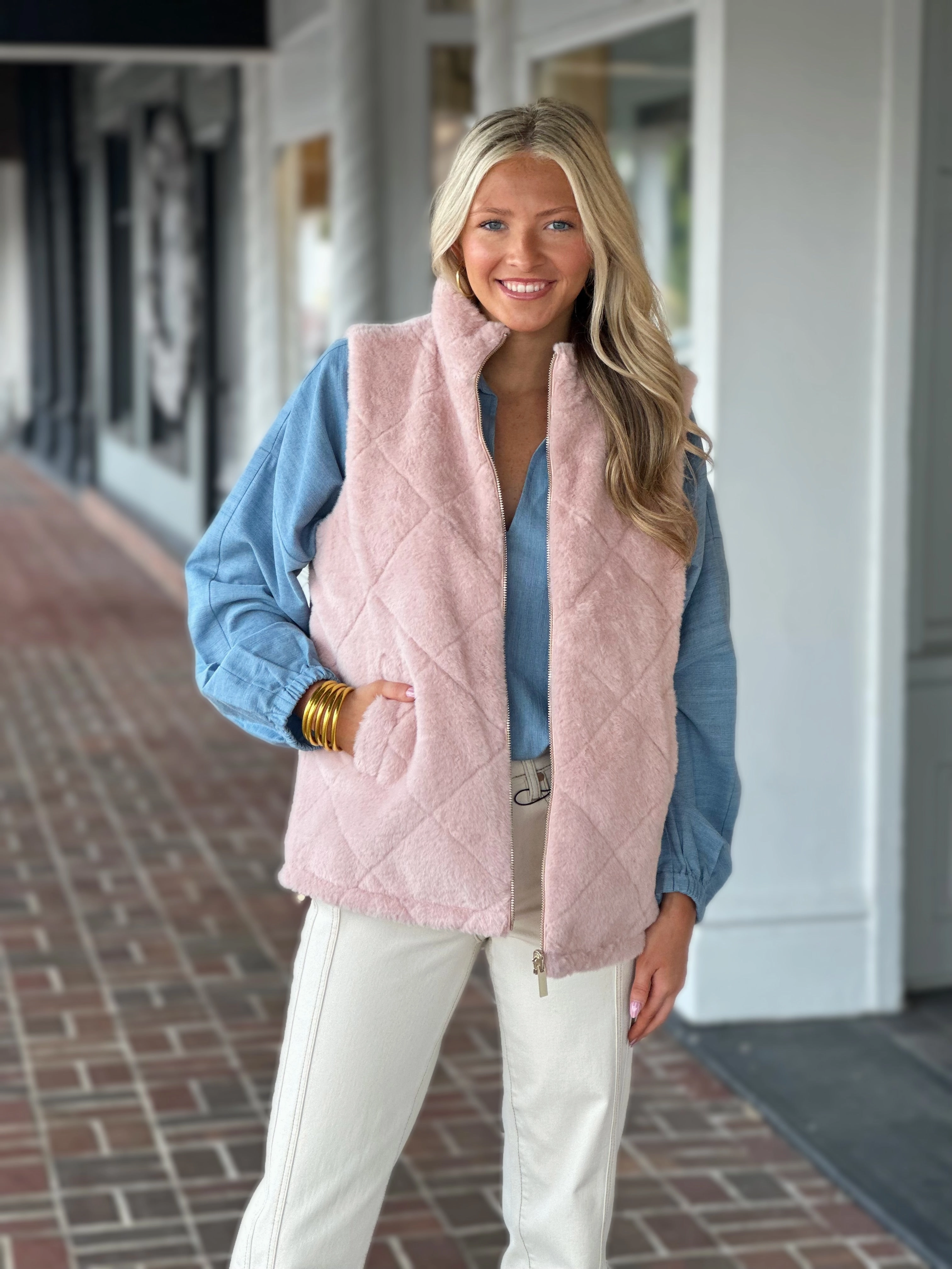 Charlie B Reversible Fur Vest in Pink Quick Dry Blend