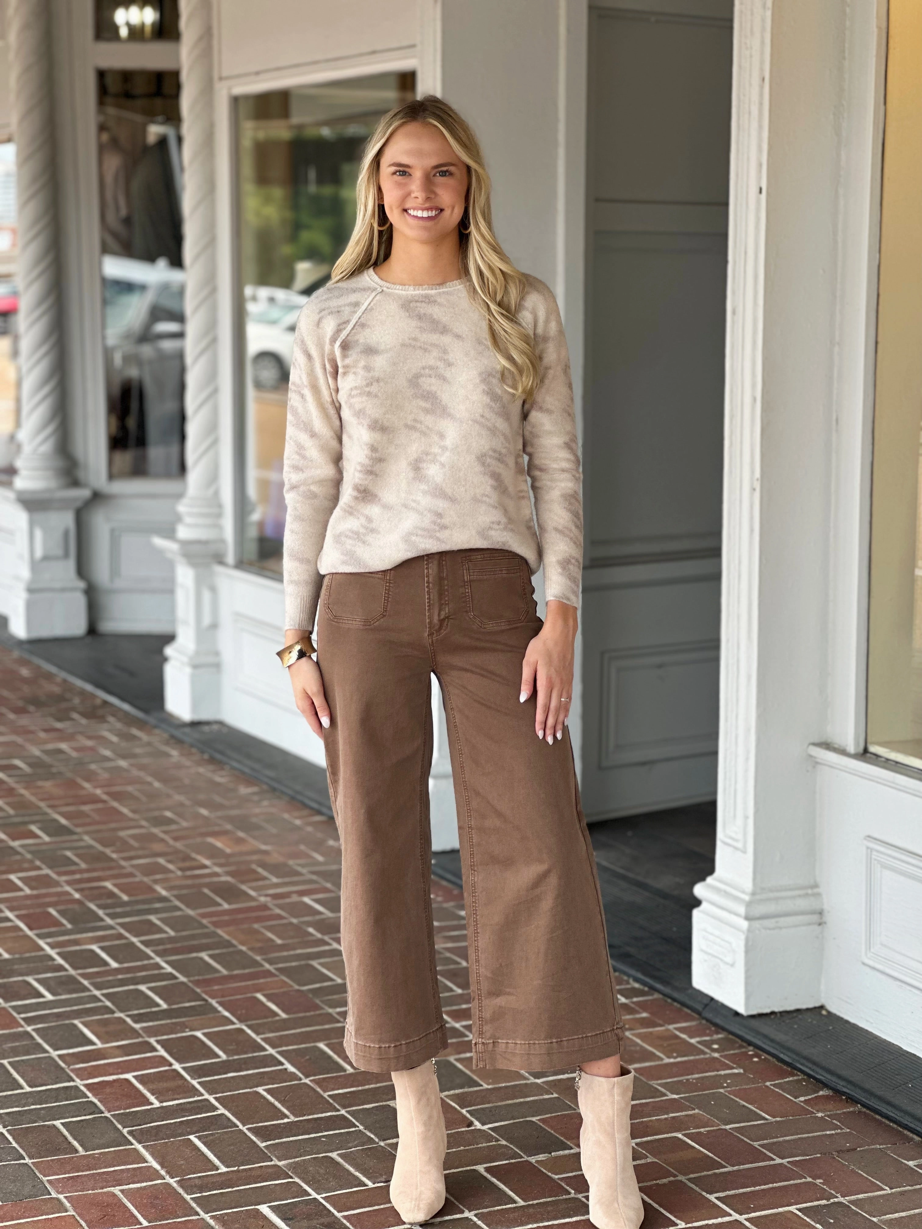 Charlie B Reversible Printed Sweater in Oat Relaxed Crew Neck Opening