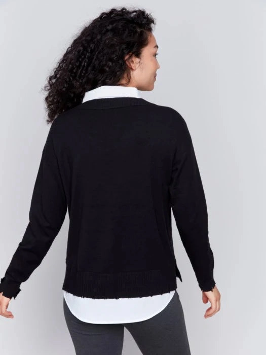 Charlie B V-Neck Fooler Yarn Sweater in Black Yarn Dye Stripe