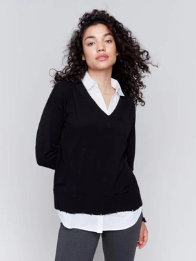 NonIrritating Seams YarnBlend Charlie B V-Neck Fooler Yarn Sweater in Black