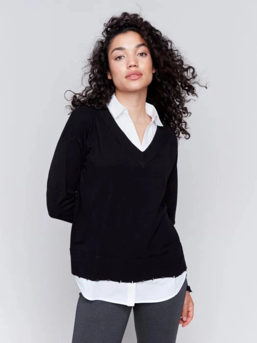 NonIrritating Seams YarnBlend Charlie B V-Neck Fooler Yarn Sweater in Black