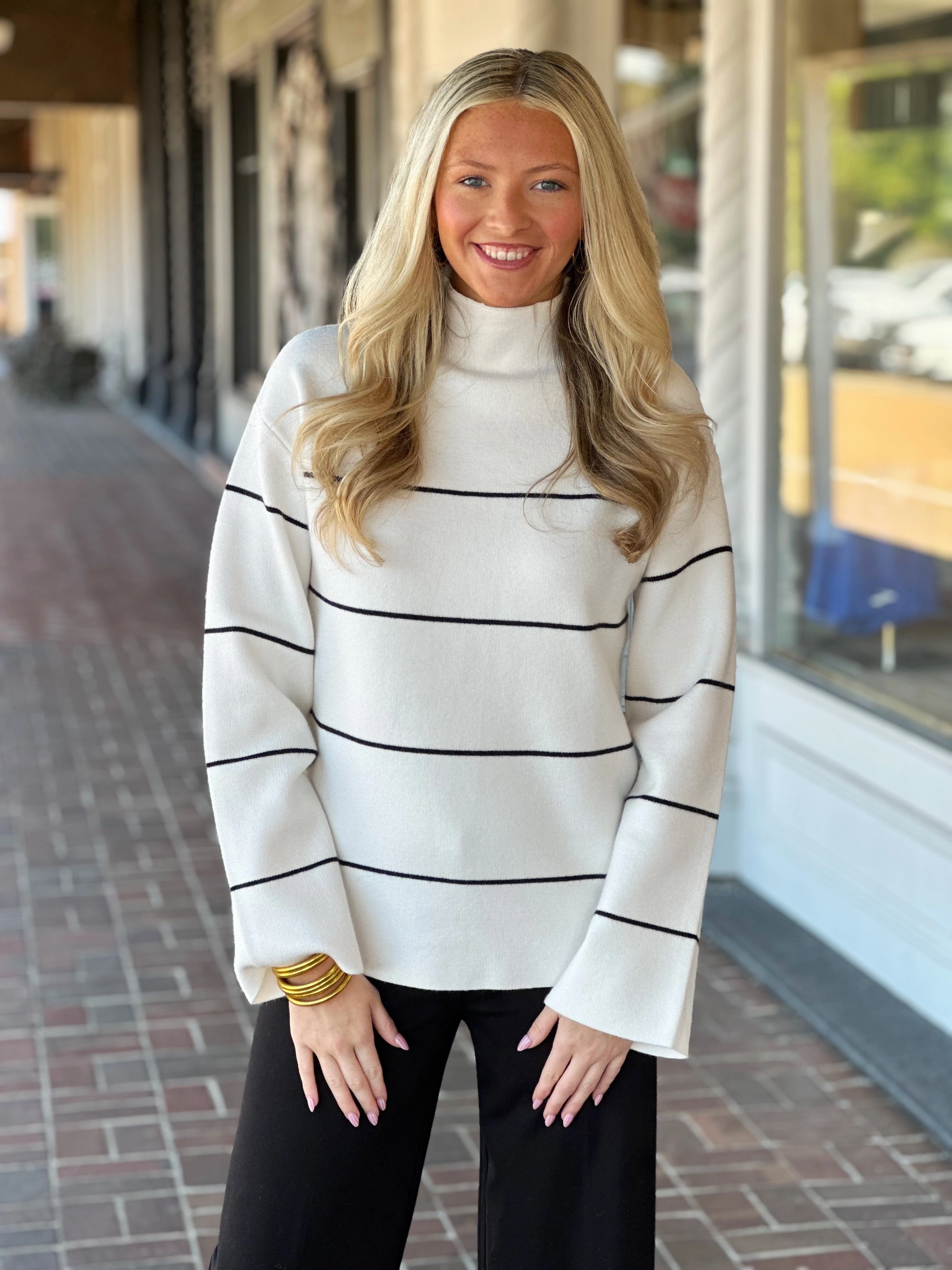 Fashionable Style Quick Access Pockets Charlie B Yarn Dyed Striped Ecru Sweater