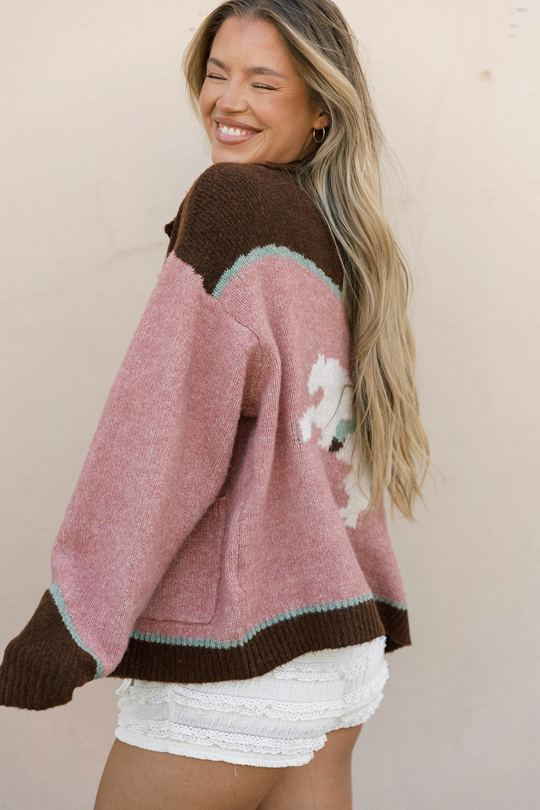 Contrast Stitching Charmayne Rodeo Cowboy Knit Sweater in Dusty Pink