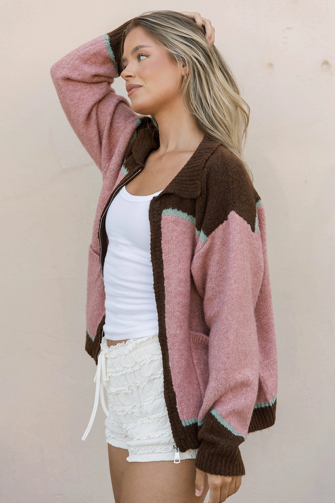 Low Profile Zipper LightweightTexture Charmayne Rodeo Cowboy Knit Sweater in Dusty Pink