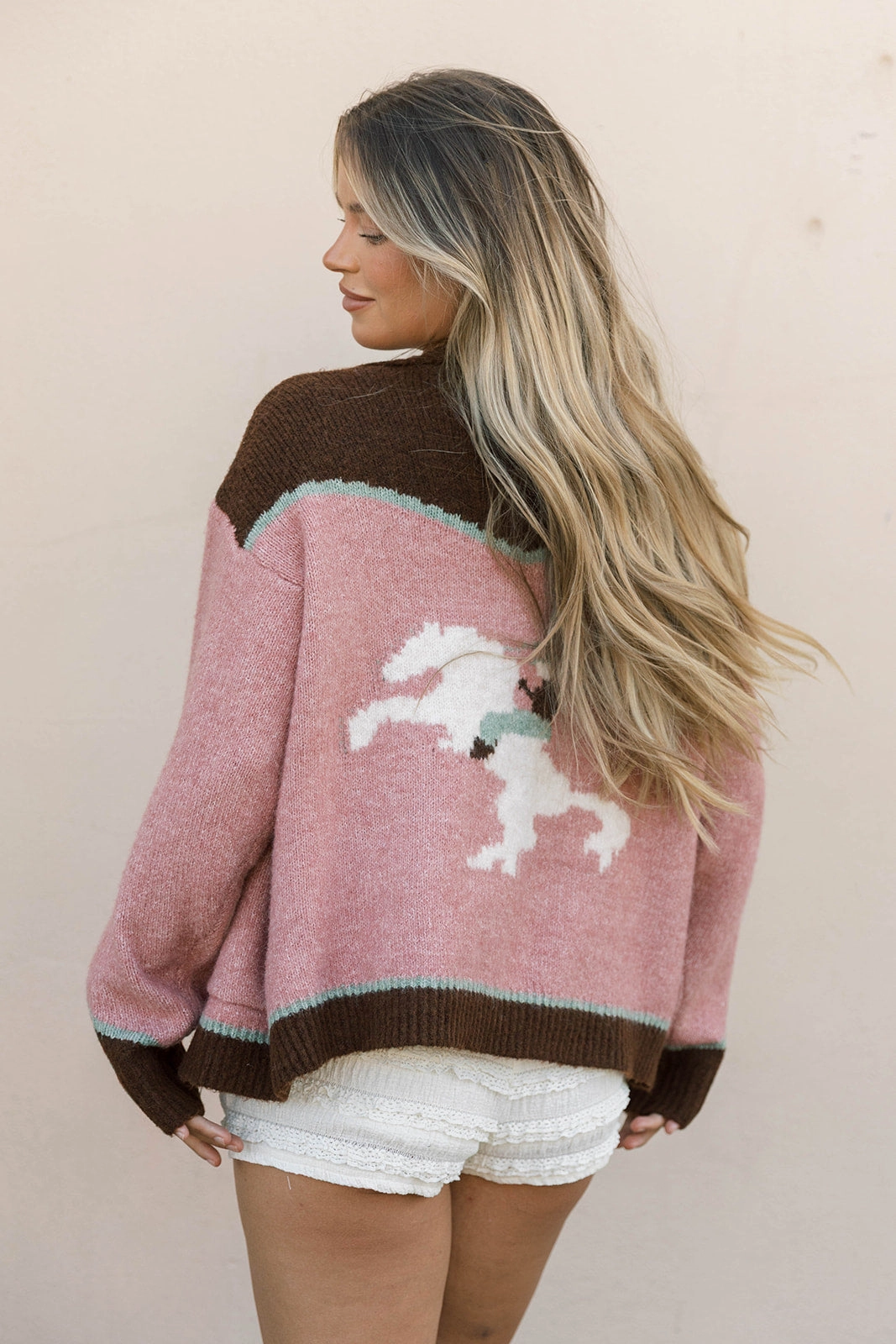 Charmayne Rodeo Cowboy Knit Sweater in Dusty Pink stain resistant coating Layered Shoulder