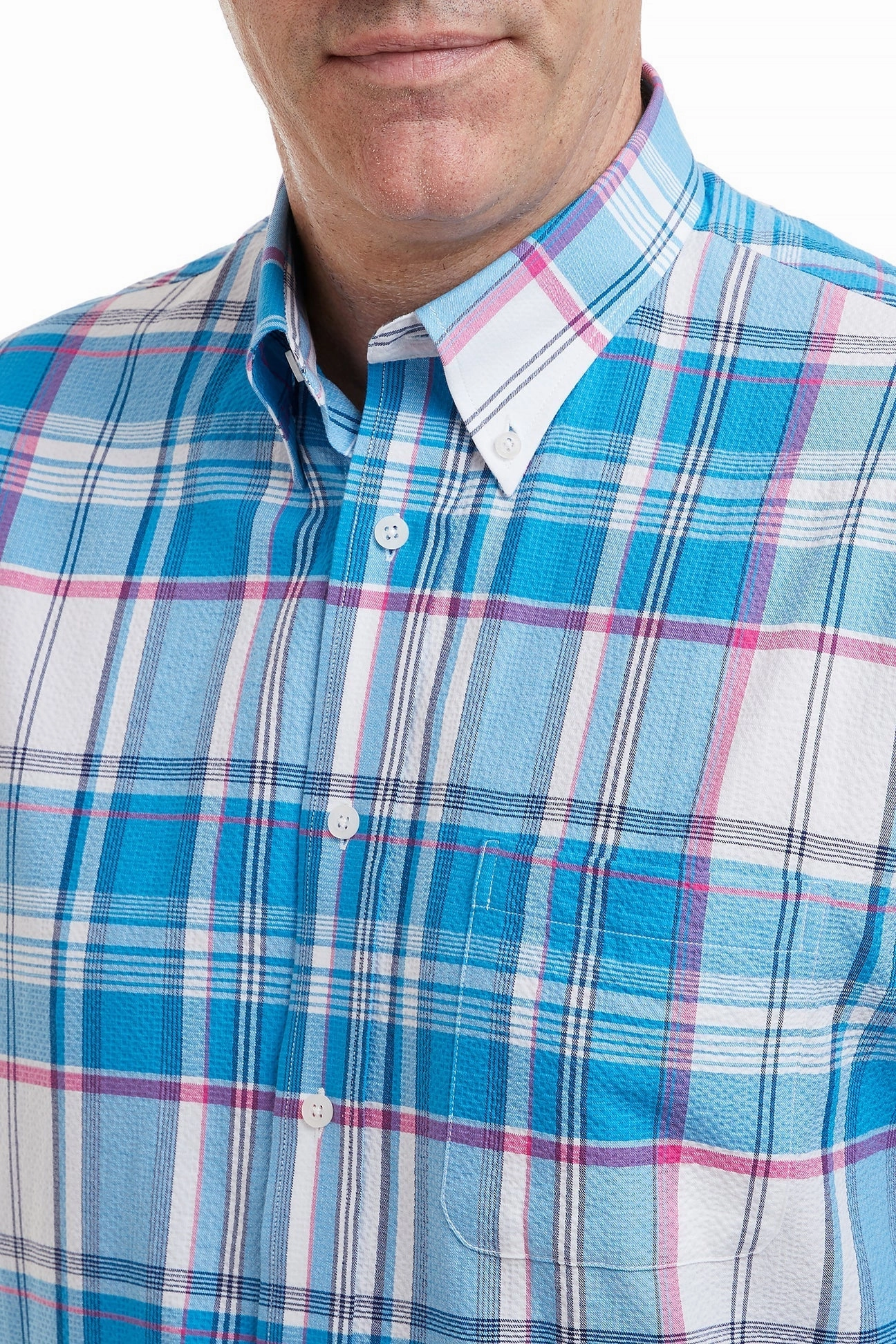 Chase Shirt Blue and Pink Union Seersucker Noise Reducing Fabric Treatment Active Tee