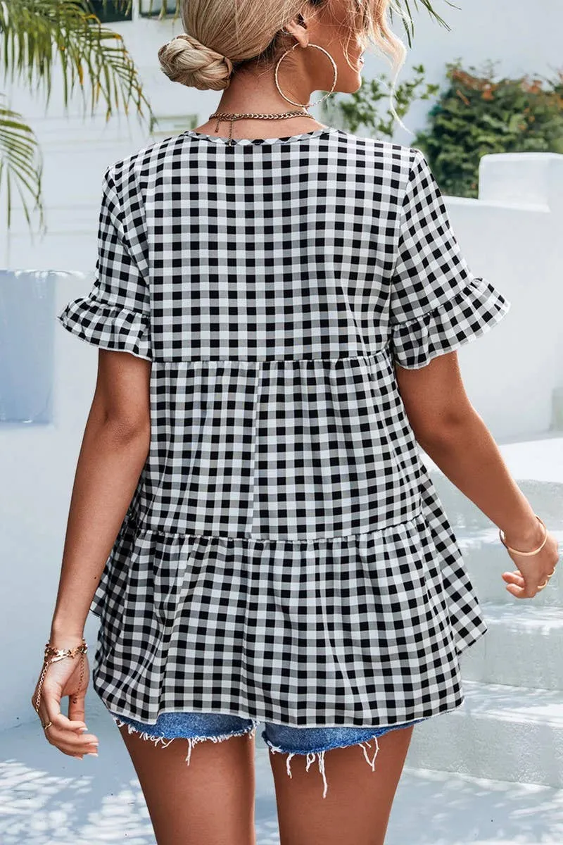 CHECKERED V NECK SHORT SLEEVED SHIRT_CWTSTS0201 Everyday Style