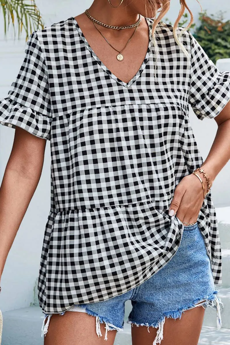 CHECKERED V NECK SHORT SLEEVED SHIRT_CWTSTS0201 LowImpact Manufacturing
