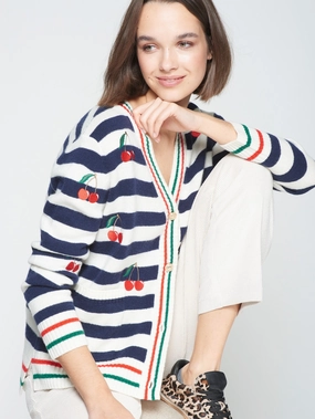 Contrast Stitch Detailing Compact Jacquard Weave CHERRY EMBROIDERED CARDI