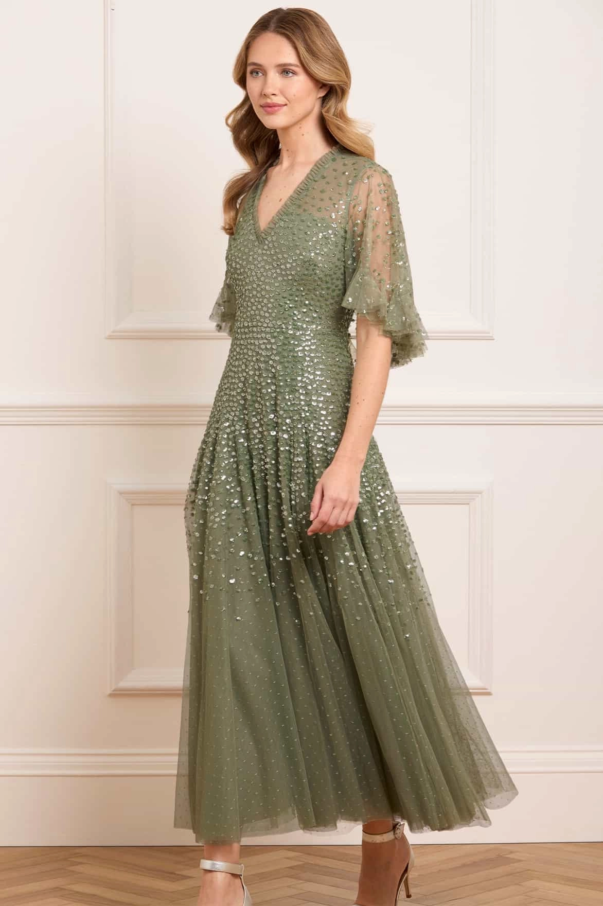 Grace Walk Dappled Sequin Cape Ankle Gown