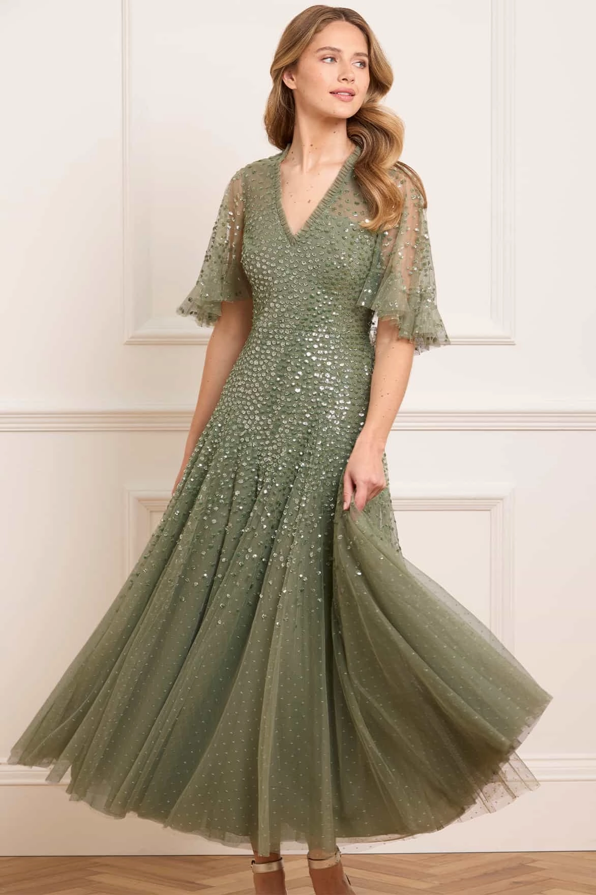 Dappled Sequin Cape Ankle Gown Summer-Season Layered Look