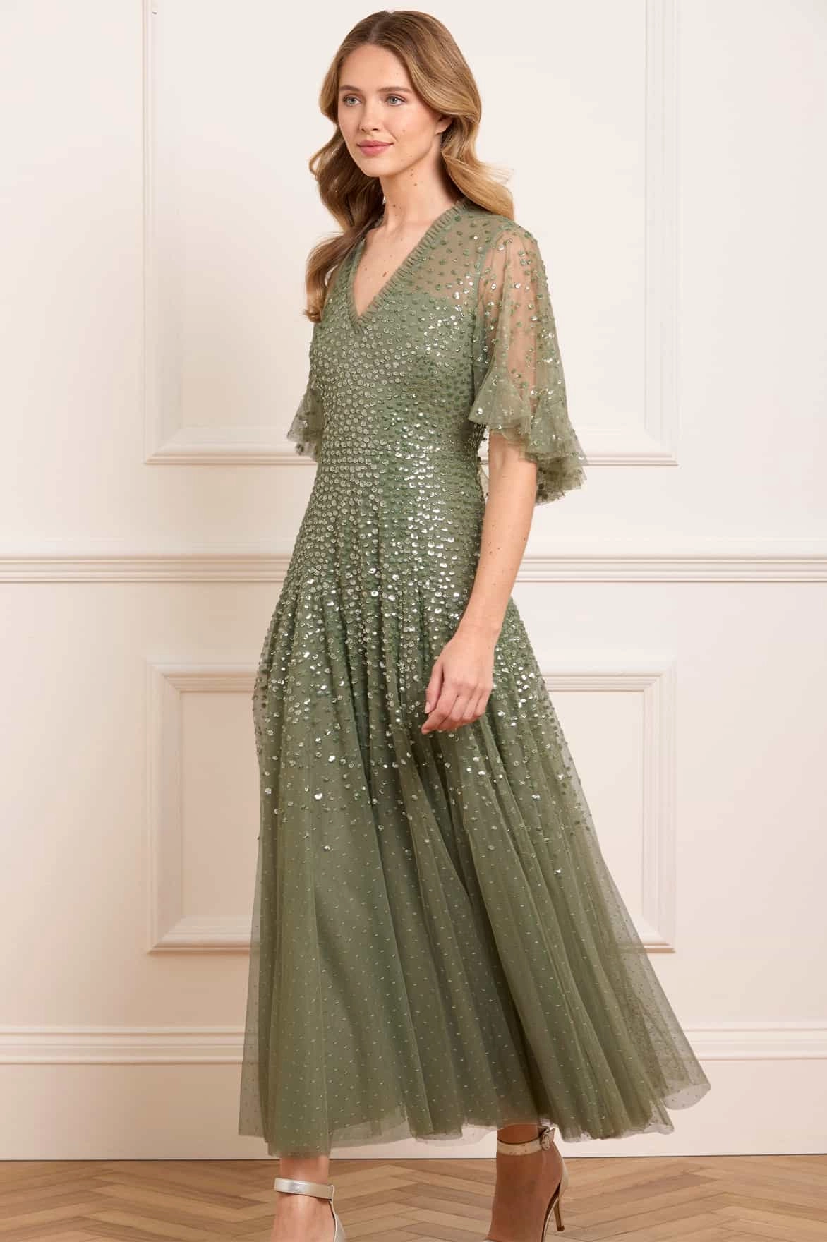 Dappled Sequin Cape Ankle Gown Poised Vibe