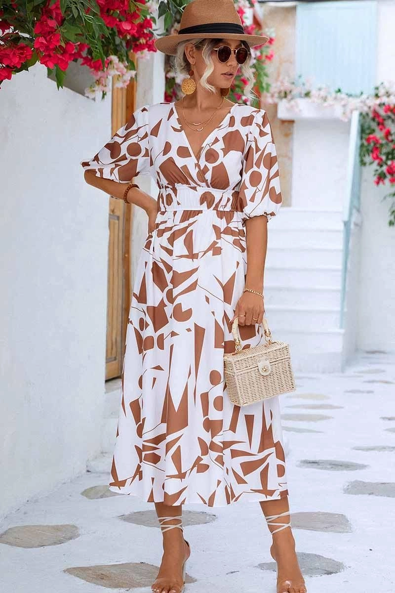 Versatile Design SHAPE PATTERN V NECK TIGHTEN WAIST PUFF DRESS