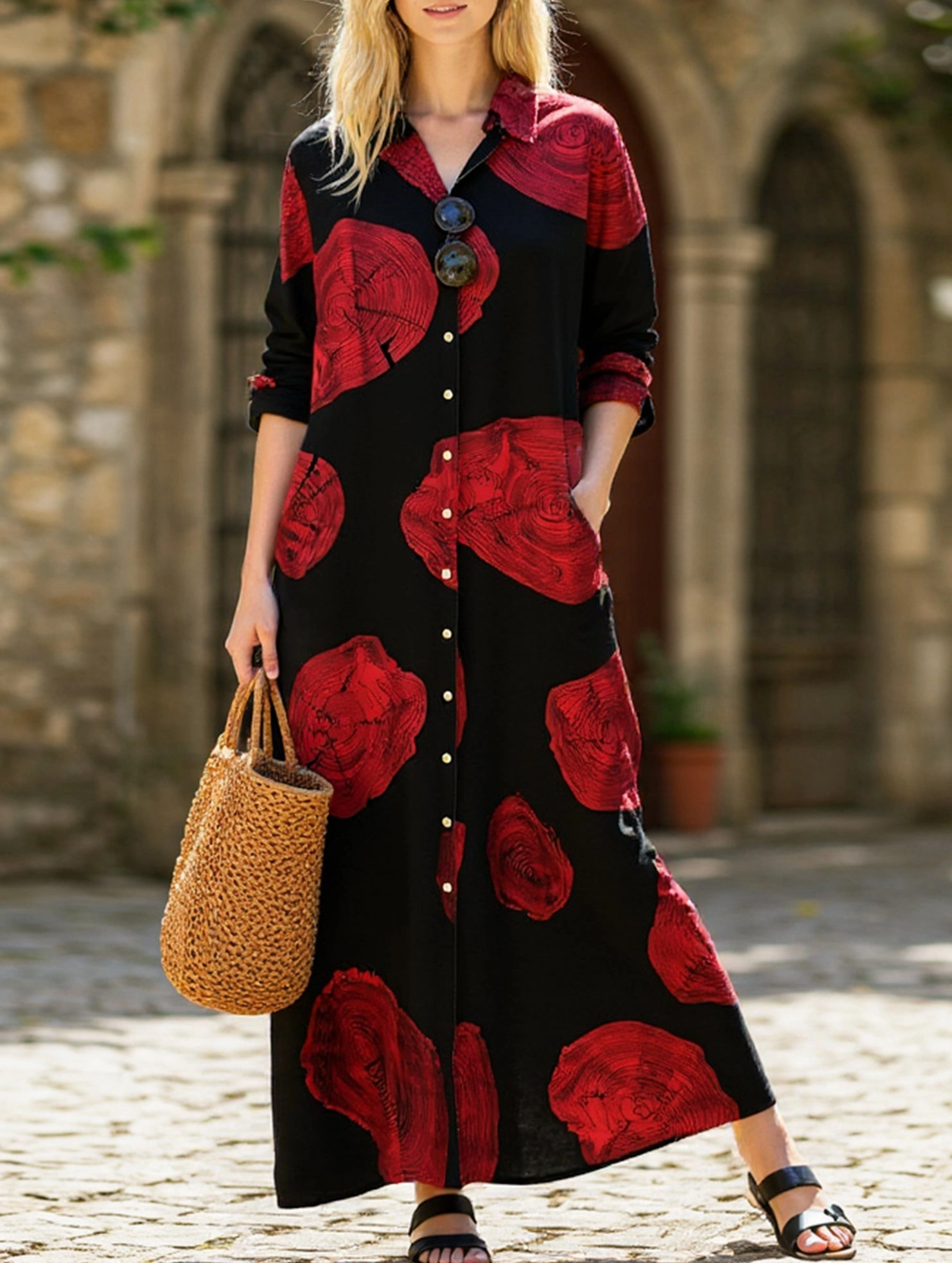 Simple loose casual long shirt dress Trendy Layering Chic Mom