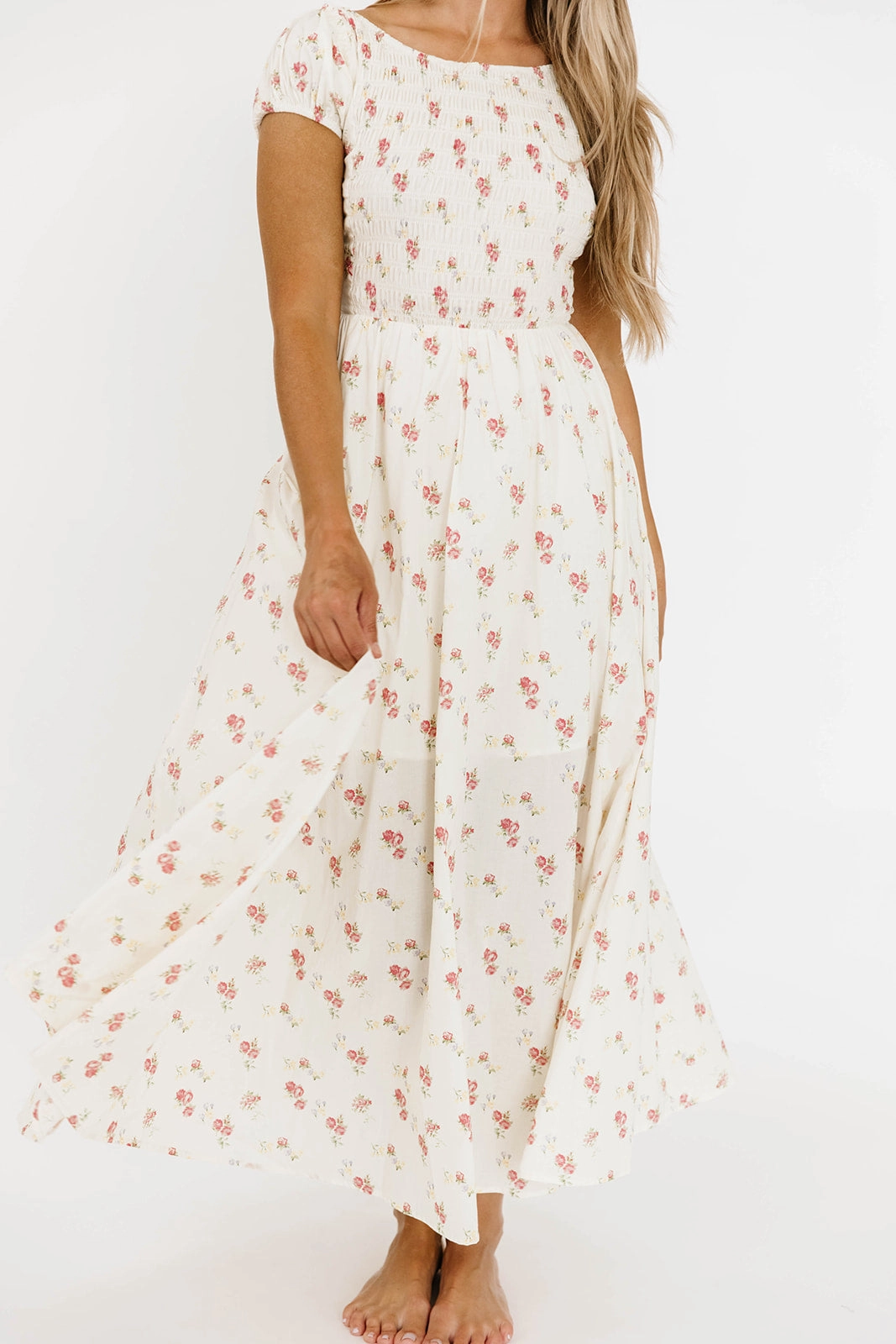 Denise 100% Cotton Smocked Maxi Dress with Piecing and Strappy Back in Cream Floral Guest Shine Layered Comfort
