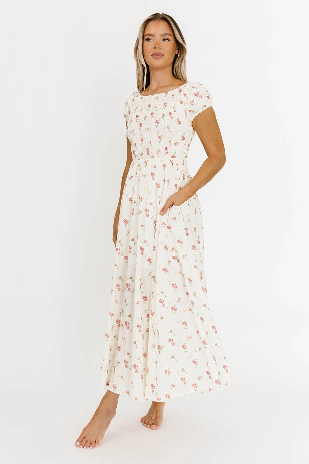 Denise 100% Cotton Smocked Maxi Dress with Piecing and Strappy Back in Cream Floral Elegant Line