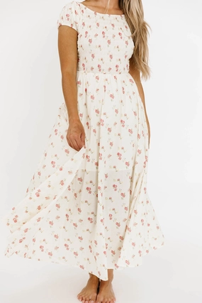Denise 100% Cotton Smocked Maxi Dress with Piecing and Strappy Back in Cream Floral Guest Shine Layered Comfort