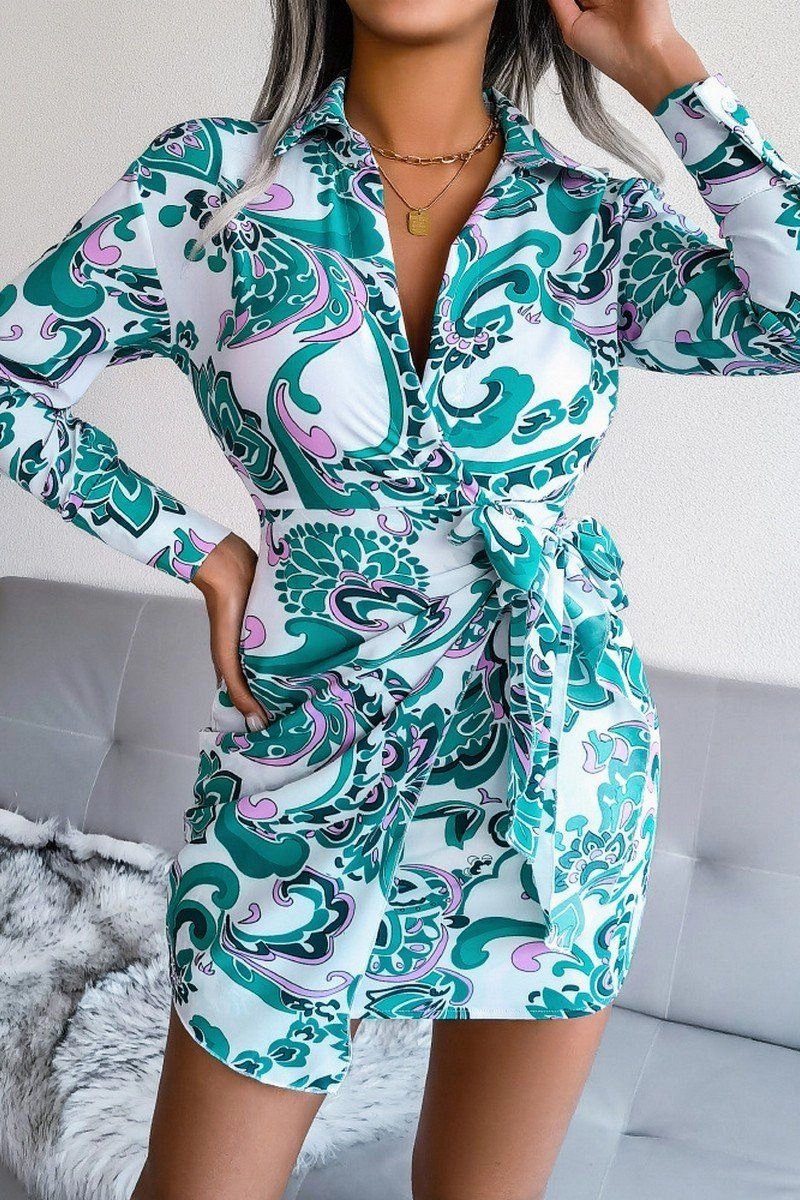 Bold Touches WOMEN LONGSLEEVE PRINTED LACE UP SHIRT DRESS