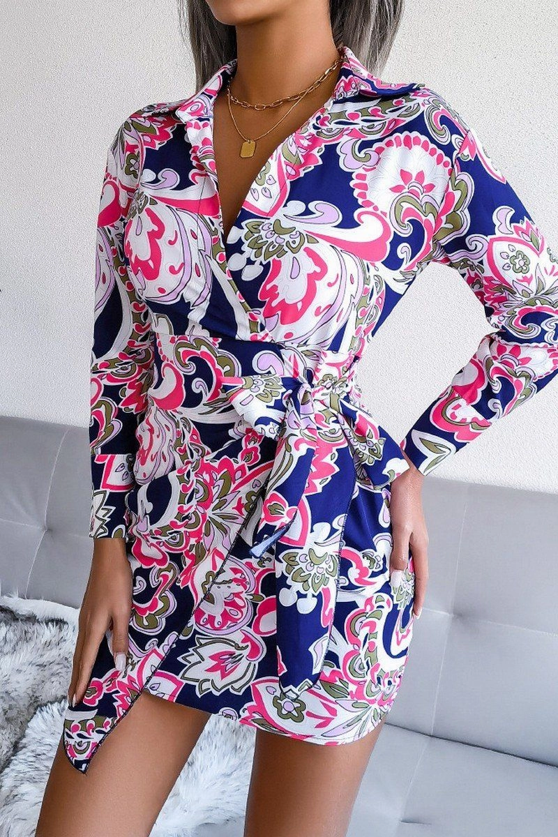 Flattering bodycon dress Lounge Comfort WOMEN LONGSLEEVE PRINTED LACE UP SHIRT DRESS