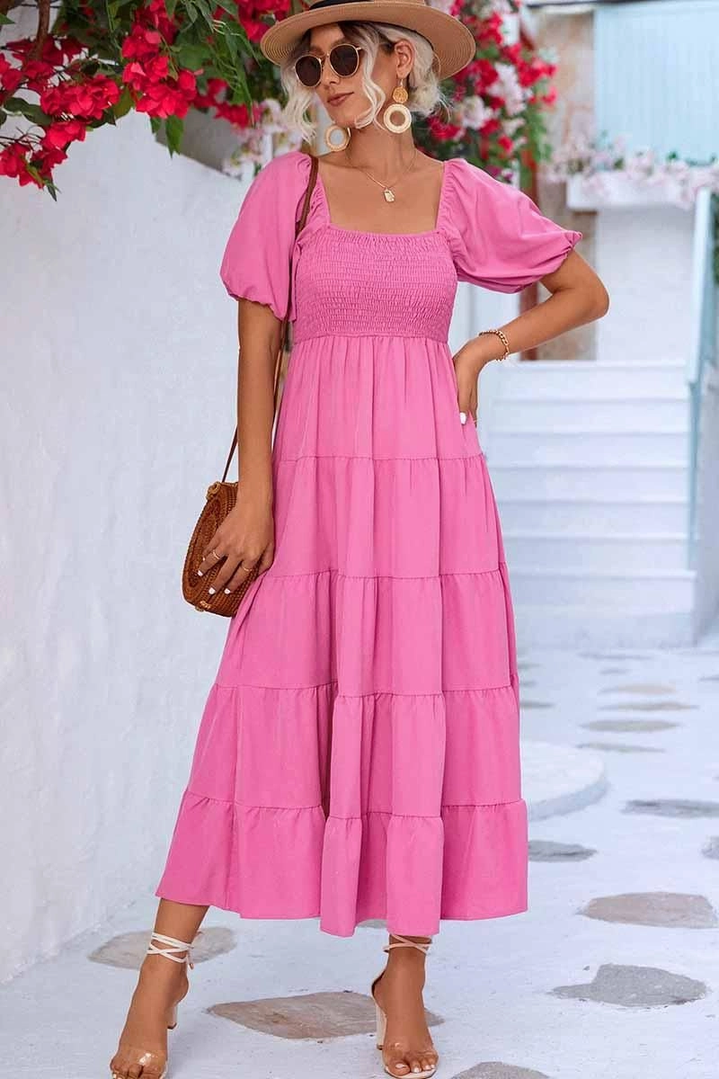 SQUARE NECK PUFF WRINKLE CHEST CAKE MAXI DRESS Stay Cool Flowy Layers