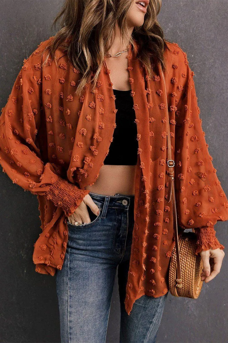 Sandwich Mesh Panel Structure CHIFFON SWISS DOT MID LENGTH SHRUG FOR WOMEN