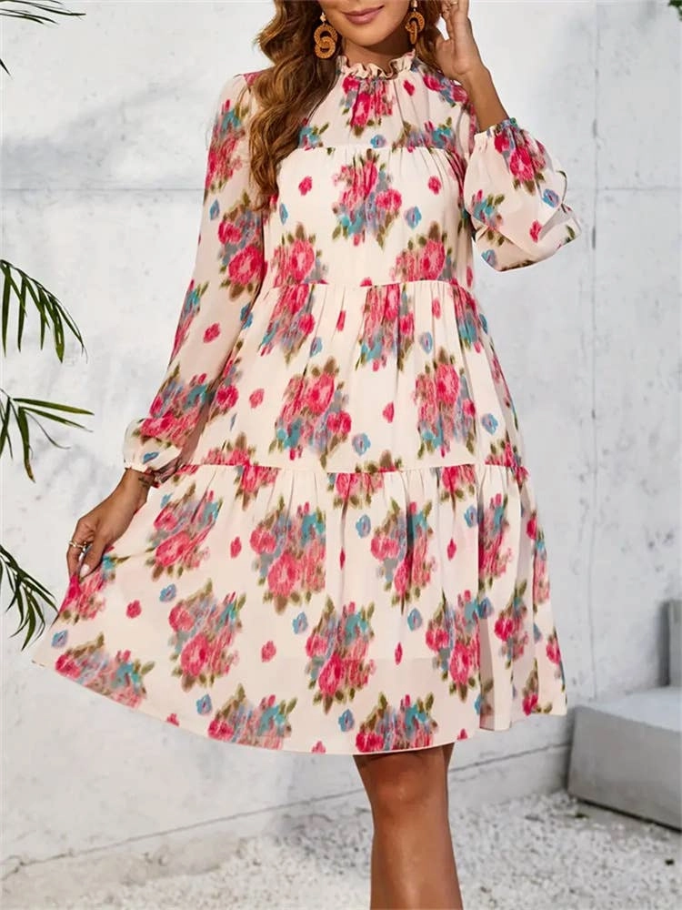 CHIFFON PRINT RUFFLED DRESS_CWDSD3590 BreathableFabric