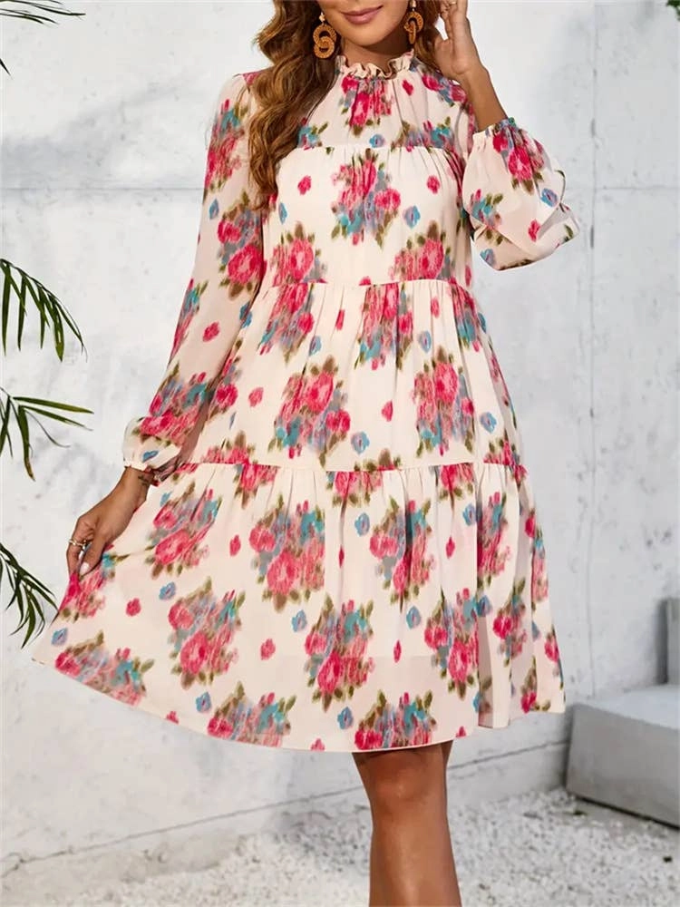 Eco-Lining Breathable Comfort Wear CHIFFON PRINT RUFFLED DRESS_CWDSD3590
