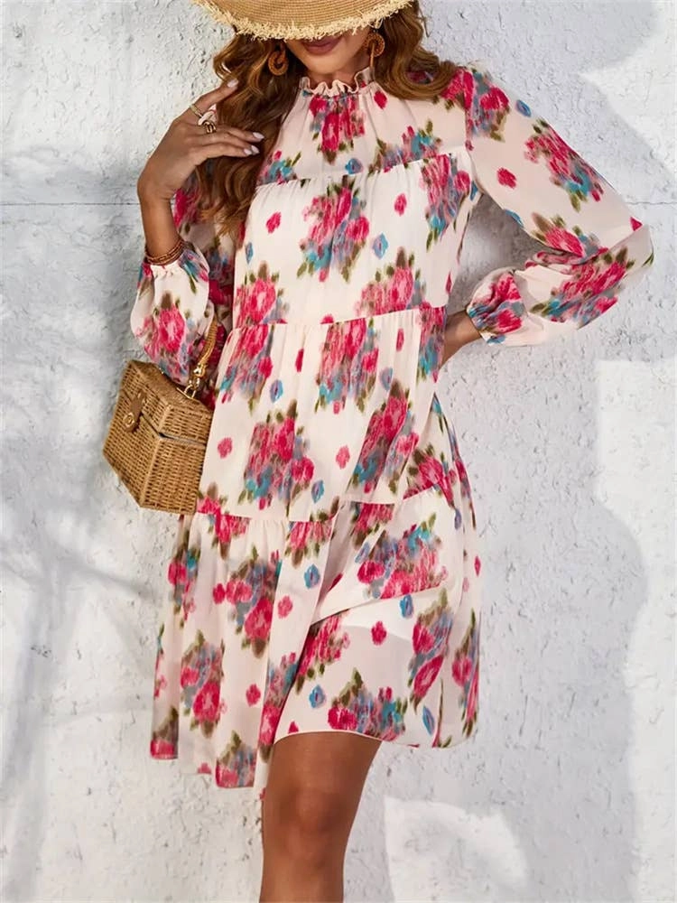 CHIFFON PRINT RUFFLED DRESS_CWDSD3590 Casual Edge Dressy Glow