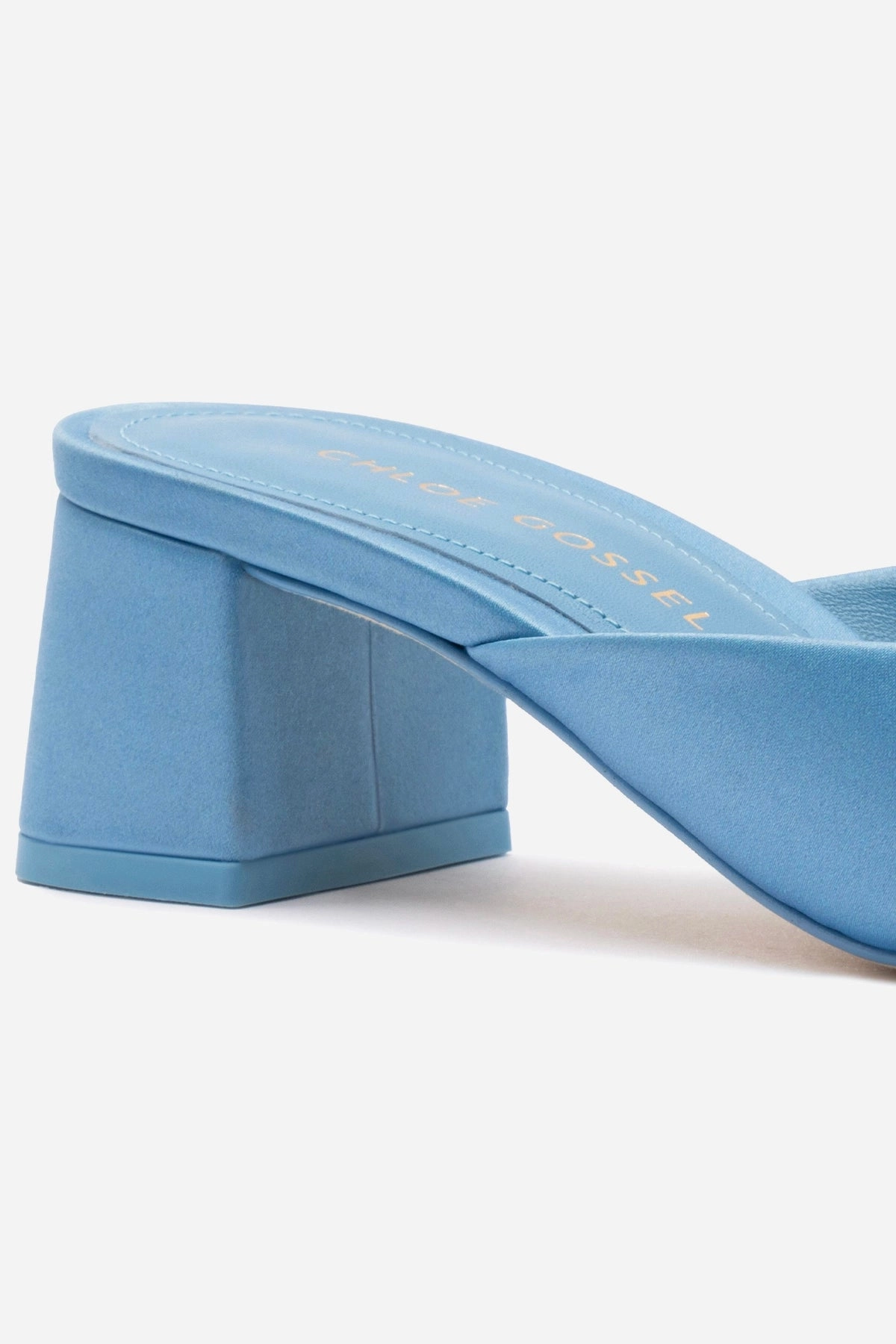 Chloe Gosselin by Larroud Anah Mule In Blue Satin Winter Chill Quick Dry Textile