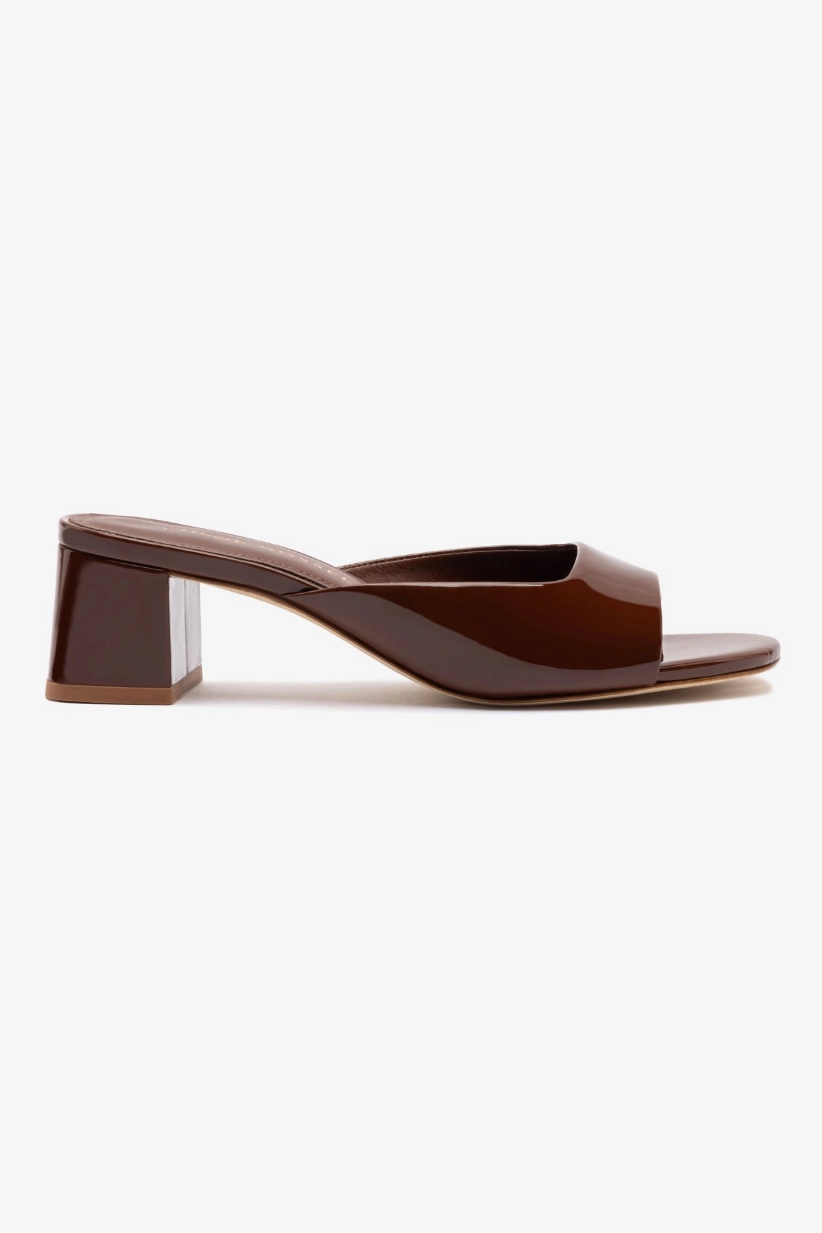 Chloe Gosselin by Larroud Anah Mule In Brown Patent Leather Supportive Core Weekend Warriors